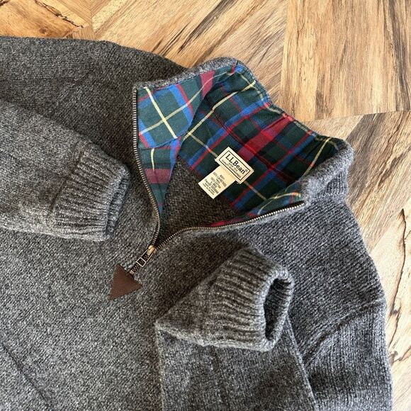 L.L. Bean Lambswool Quarter Zip Sweater Gray Plaid Collar Kangaroo Pocket - Picture 4 of 13